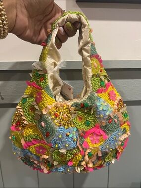 Embellished Floral Beaded Hobo Bag in Lime & Multicolor